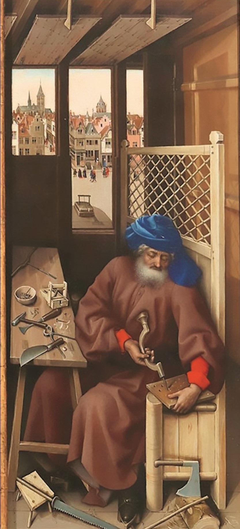 Right window of The Merode Altarpiece by the Master of Flémalle, showing a craftsman in his sparsely furnished workshop surrounded by tools